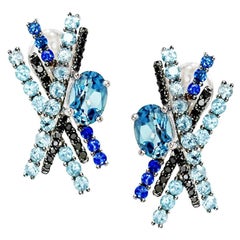 Topaz Blue Sapphire Diamond White Gold Earrings