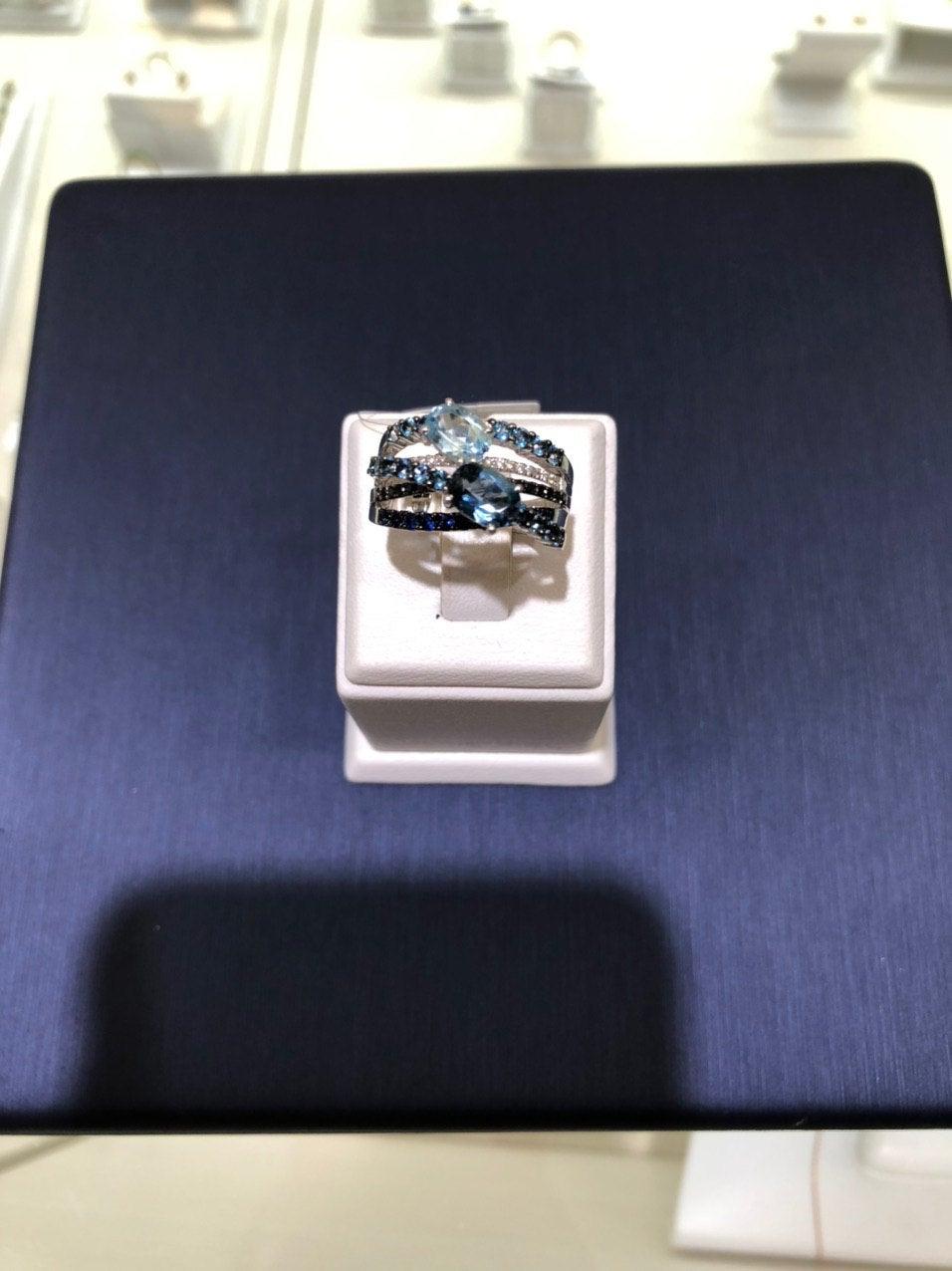 For Sale:  Topaz Blue Sapphire Diamond White Gold Ring 5