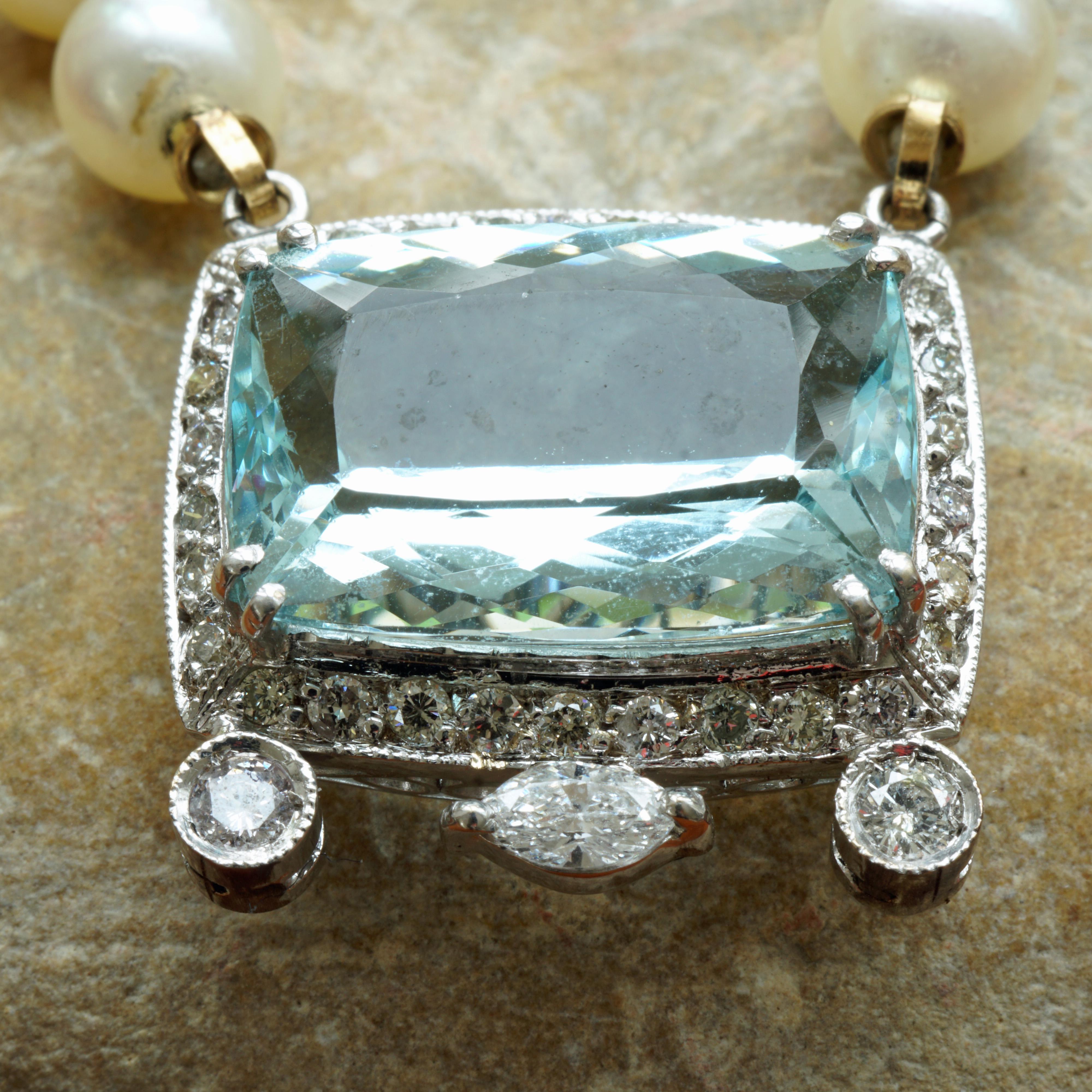 Art Deco Topaz Brilliant Diamond Navette Necklace White Gold fine Akoya Pearls