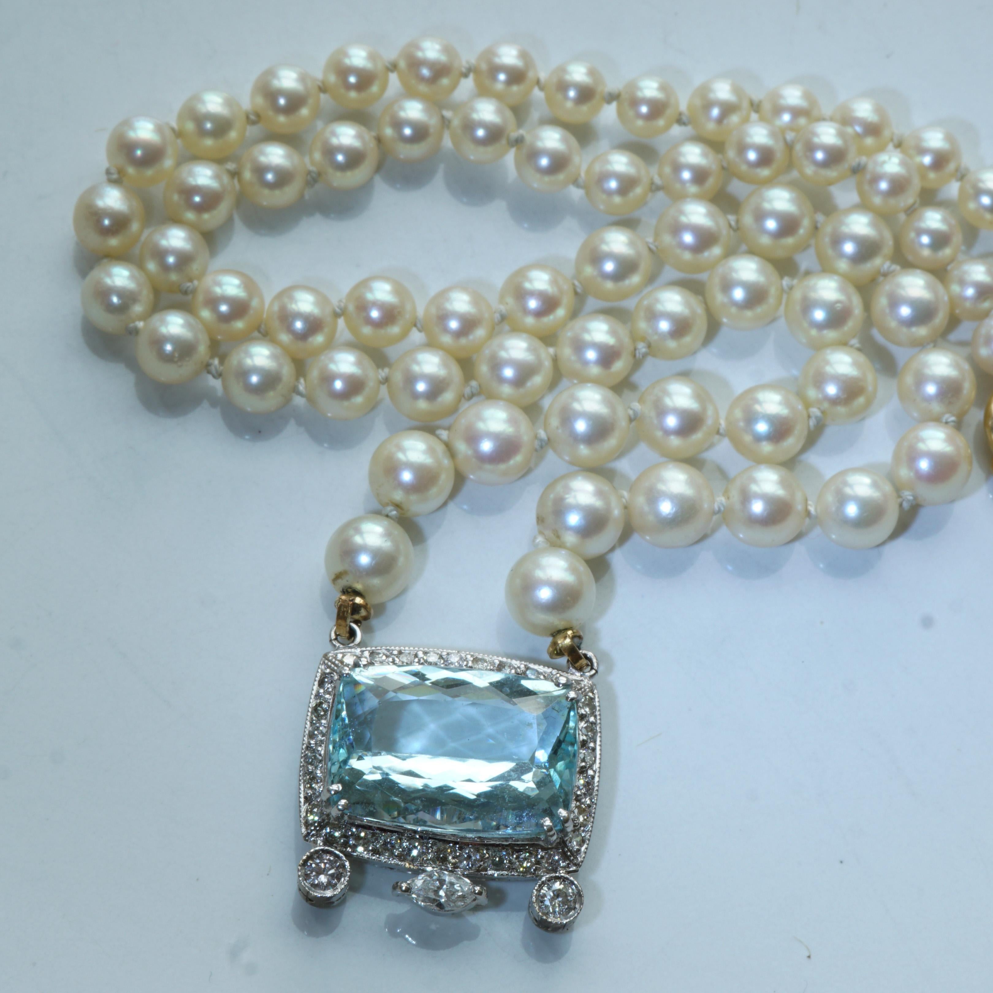 Women's or Men's Topaz Brilliant Diamond Navette Necklace White Gold fine Akoya Pearls