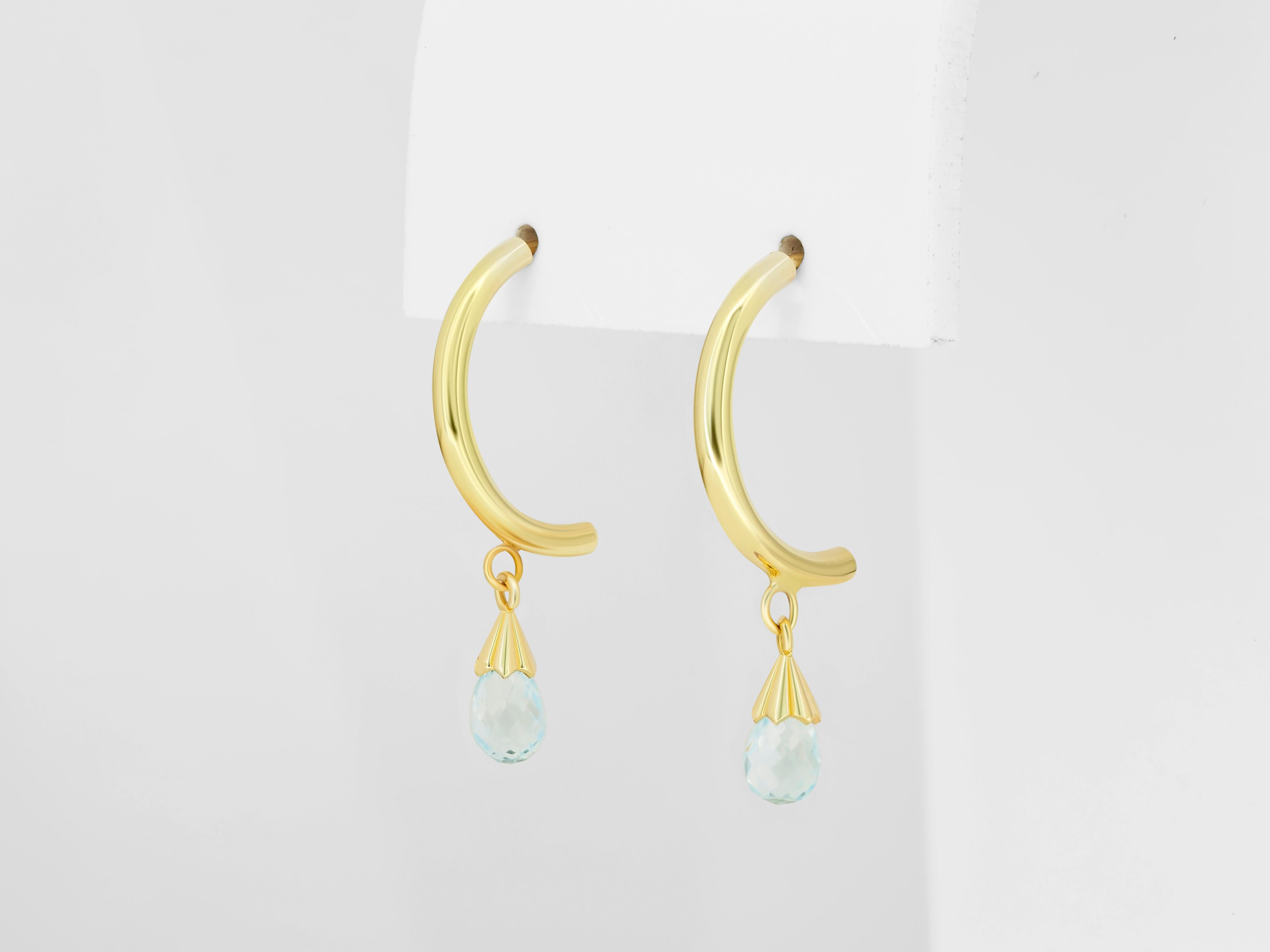 Topaz Briolette Drop Hoop Post Earrings in Yellow 14k Gold.  In New Condition For Sale In Istanbul, TR