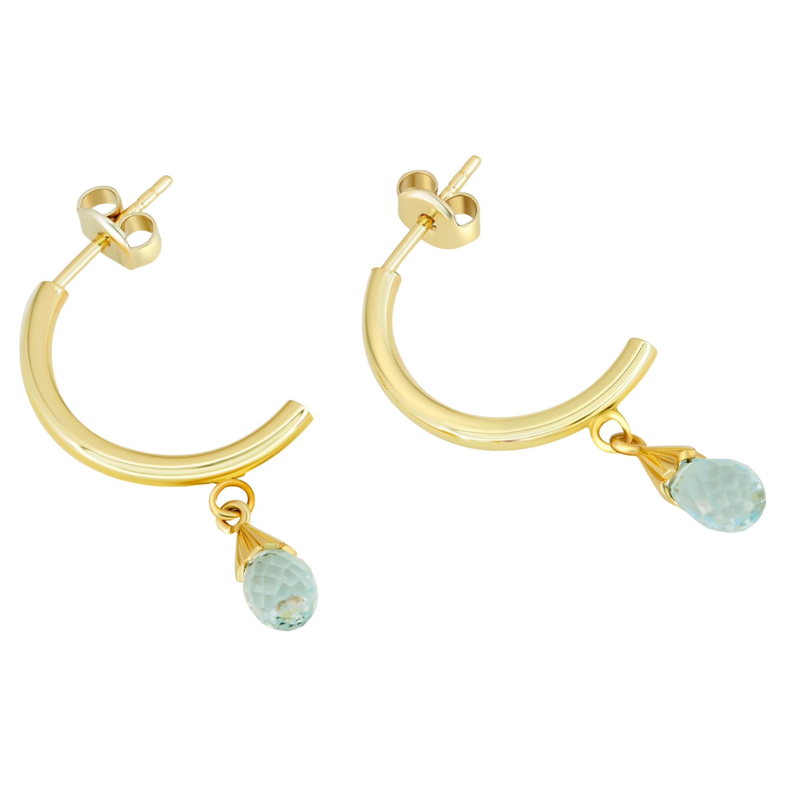 Topaz Briolette Drop Hoop Post Earrings in Yellow 14k Gold For Sale