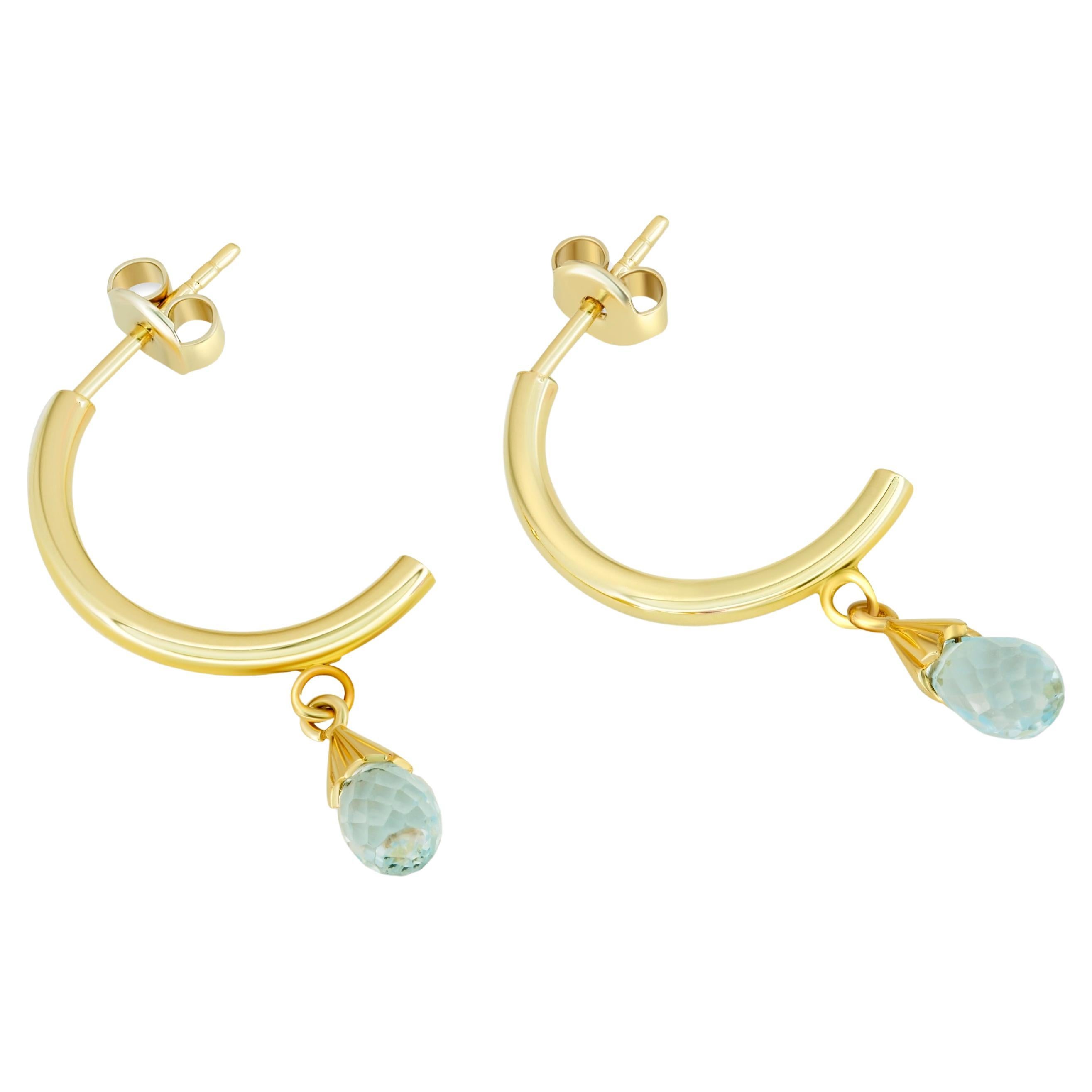 Topaz Briolette Drop Hoop Post Earrings in Yellow 14k Gold. 