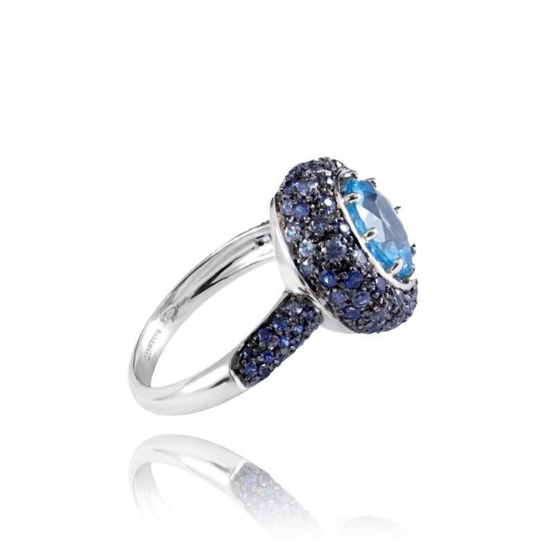 More Details:
Made to Order
Handmade in our 150 year old workshop in Italy
2,32ct Hand cut Blue Topaz
90 Blue Sapphires totalling 1,20ct- handpicked to create an ombré effect
Set in 18kt White Gold
Size US 7.5

This enchanting cocktail ring is fresh