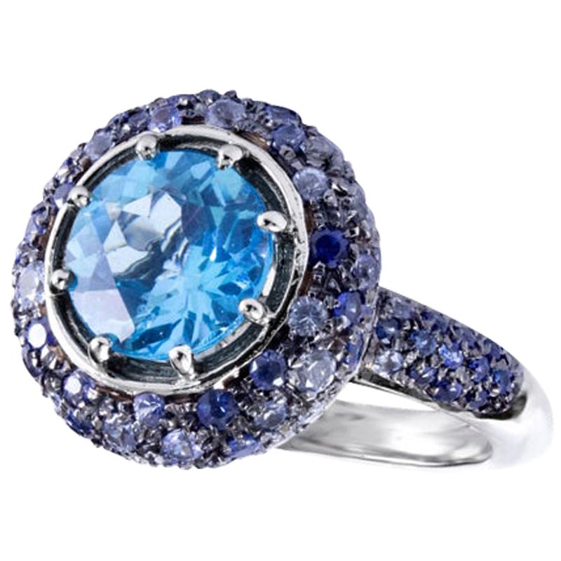 Topaz Cocktail Ring Set with Blue Sapphires in 18 Karat White Gold Made in Italy