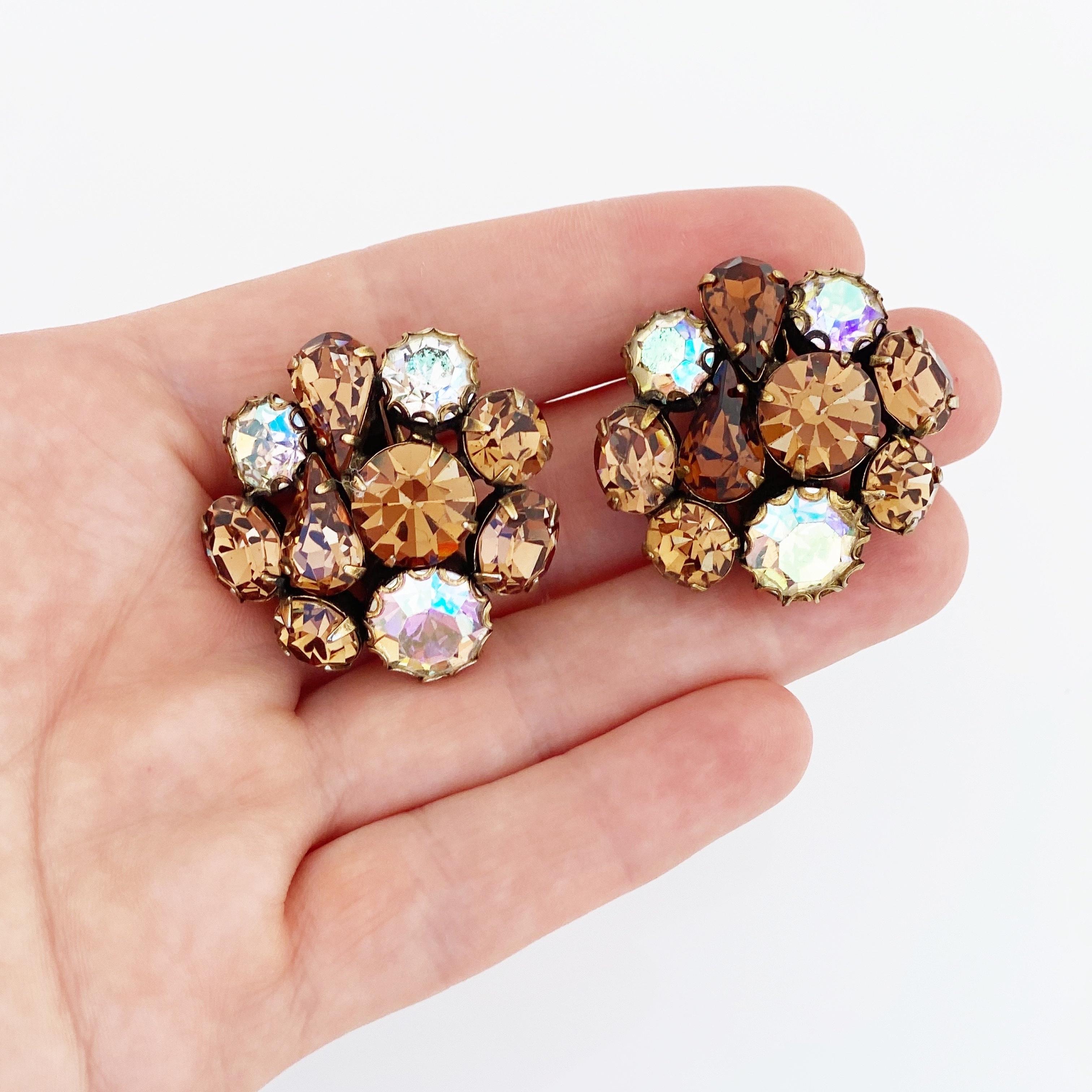 Modern Topaz Crystal & Aurora Borealis Cluster Statement Earrings, 1960s For Sale