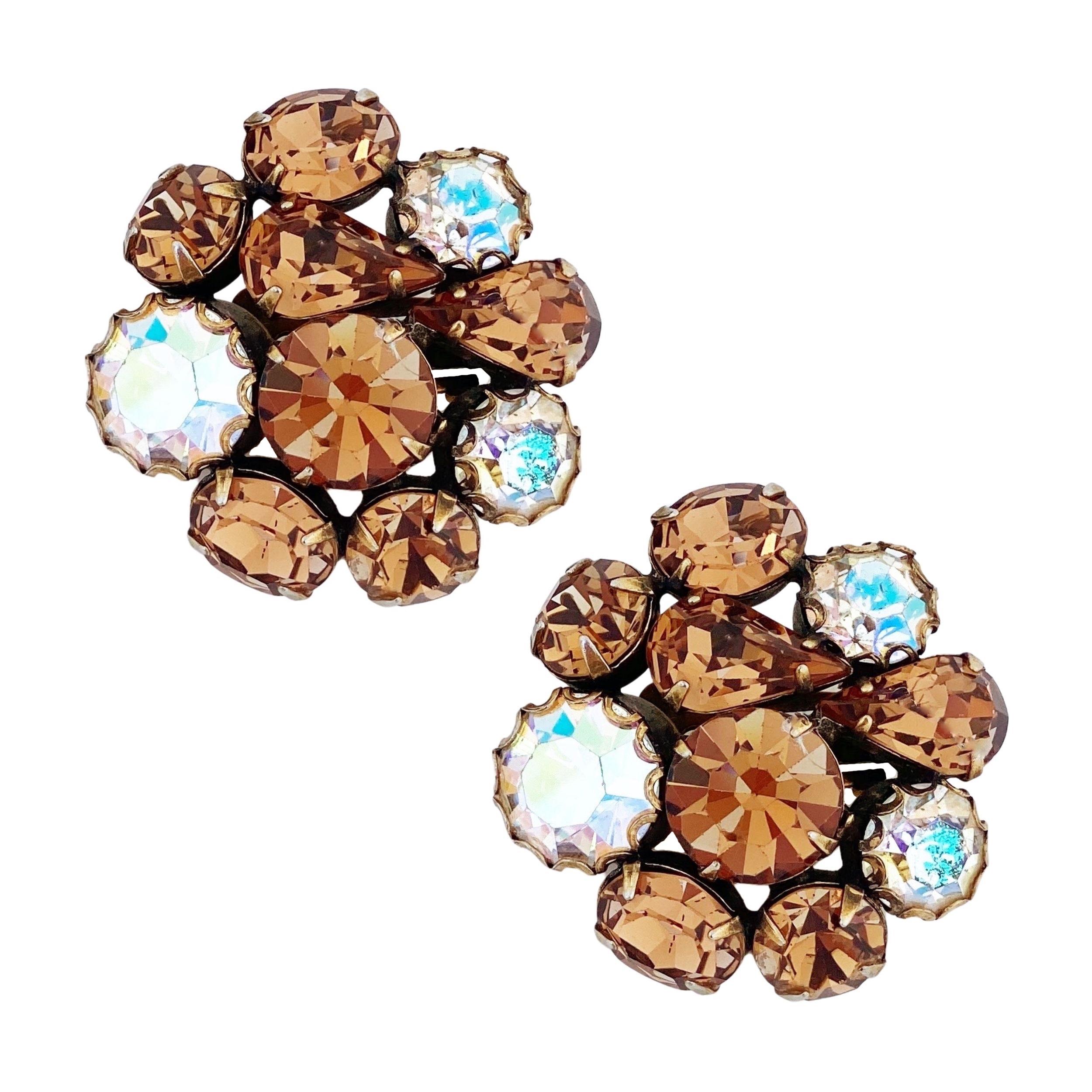 Topaz Crystal & Aurora Borealis Cluster Statement Earrings, 1960s For Sale