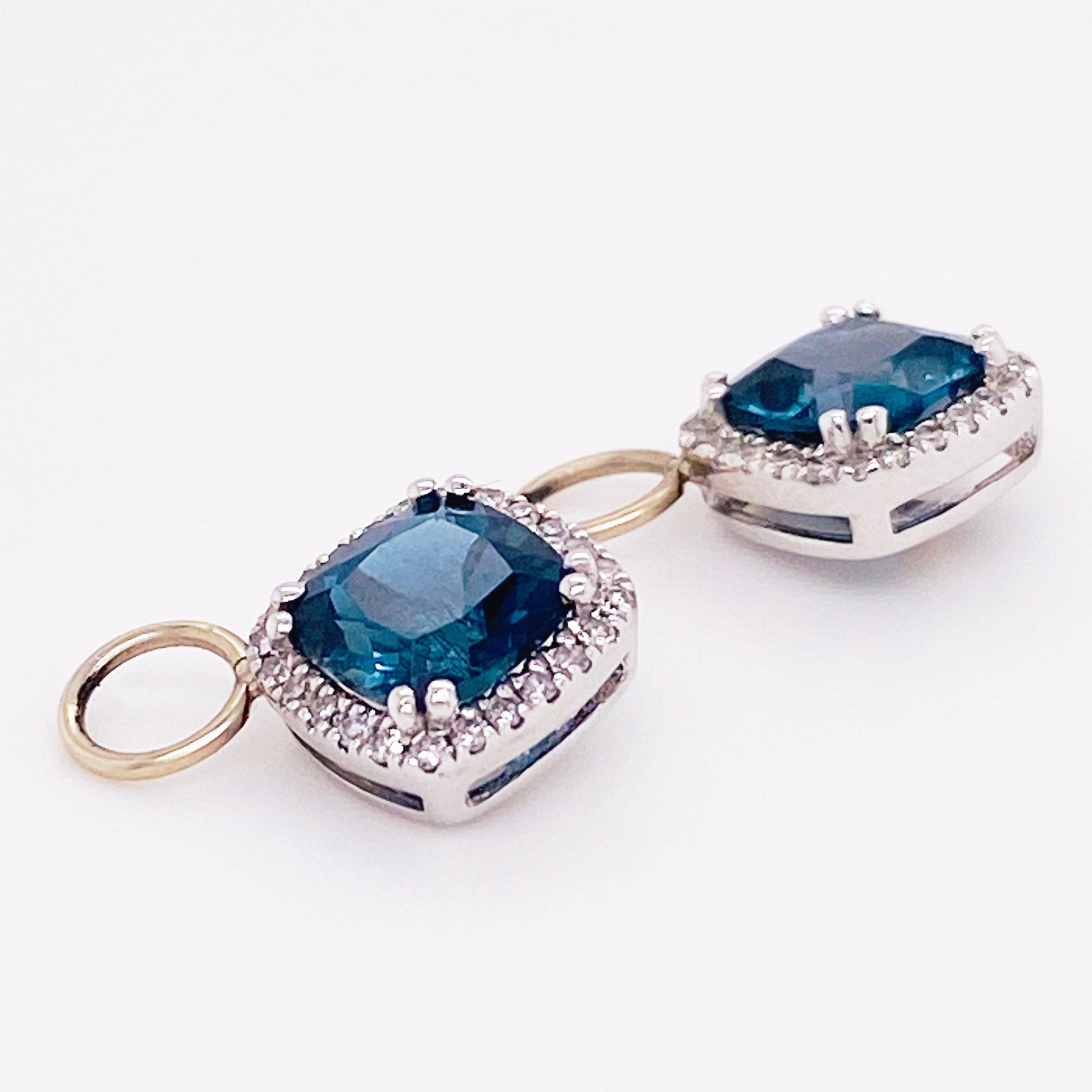 Topas-Diamant-Ohrring-Anhänger, 14k Weißgold mit Royal London Blautopas-Creolen (Kissenschliff)
