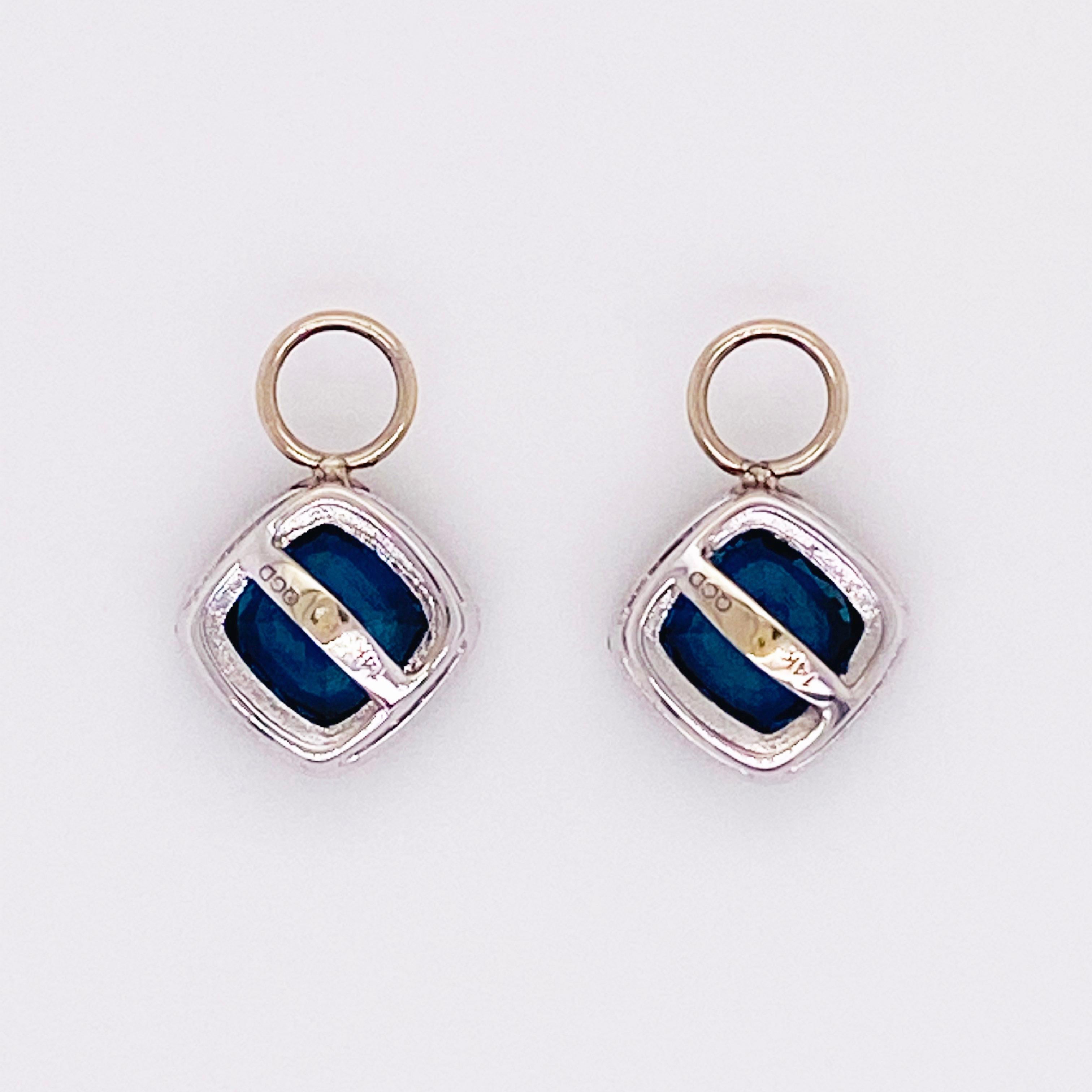 Modern Topaz Diamond Earring Charms, 14k White Gold with Royal London Blue Topaz Hoops