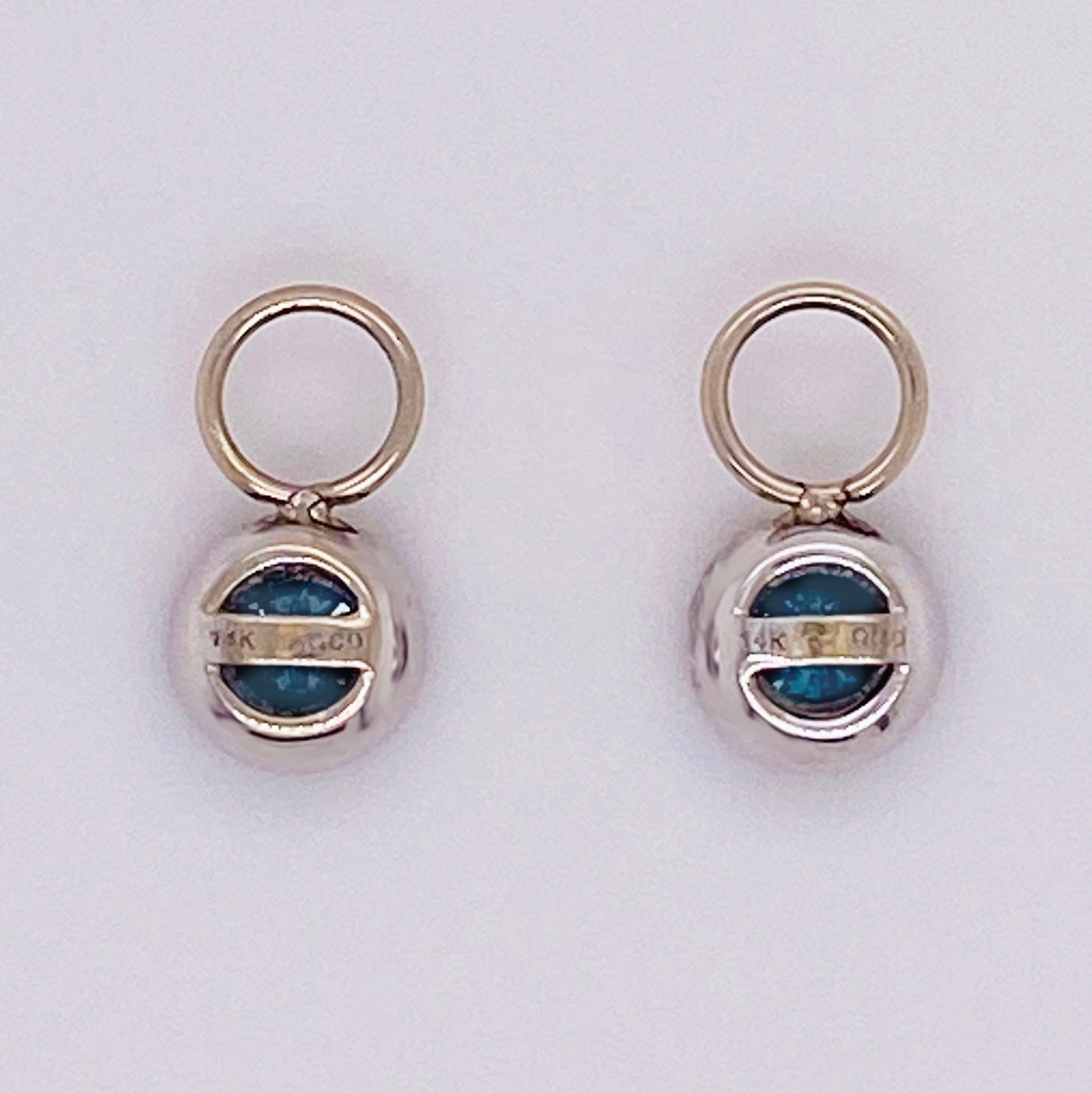 Round Cut Topaz Diamond Earring Charms, Blue Topaz, 14 Karat Gold, Hoop Charm, .79 Carat