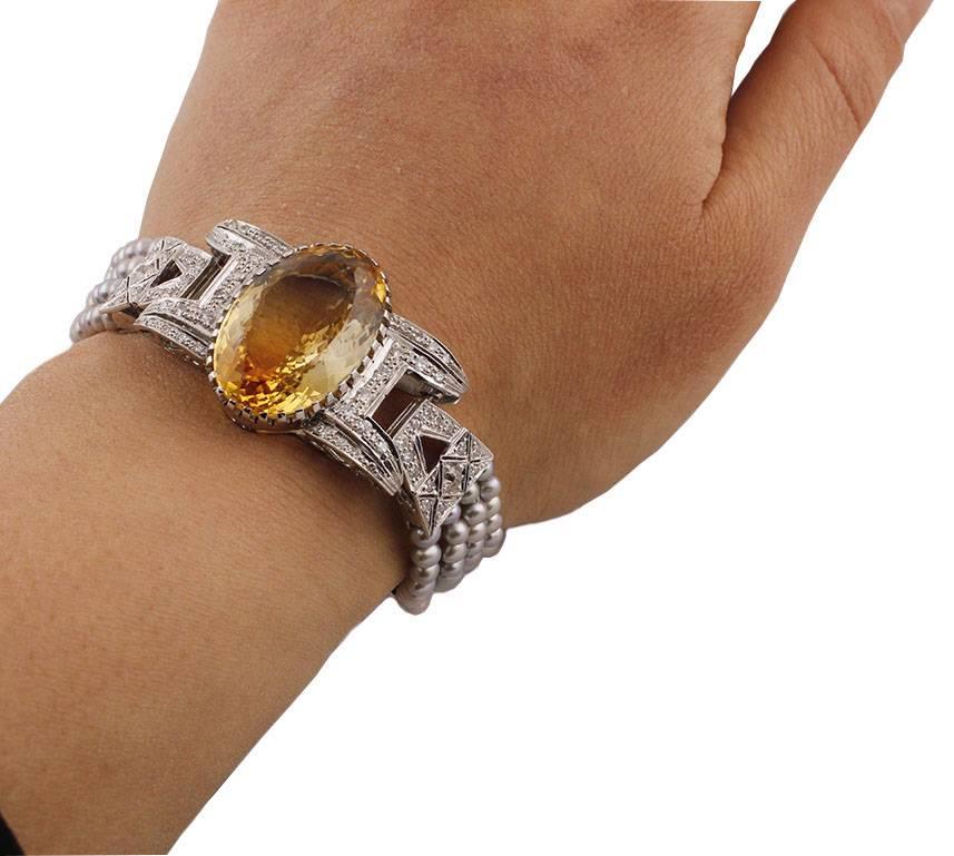 Topaz Diamond Gray Pearl Gold Bracelet For Sale 4