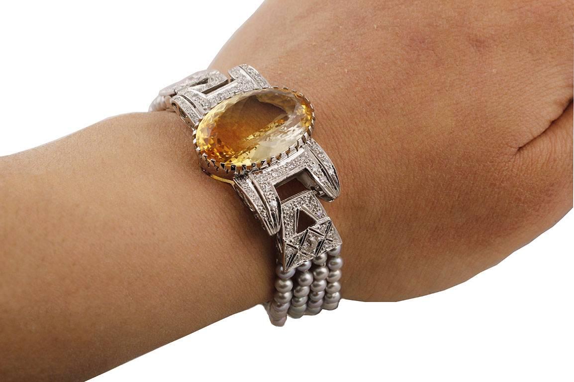 Topaz Diamond Gray Pearl Gold Bracelet For Sale 6