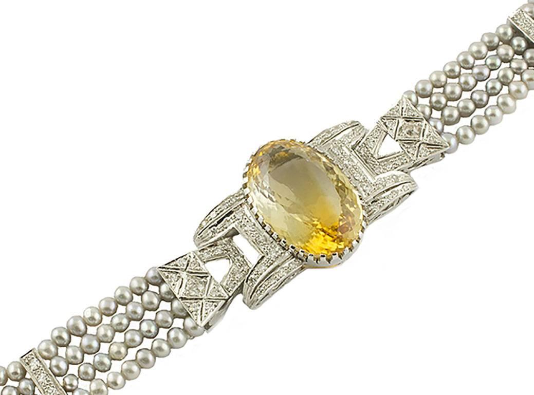 Brilliant Cut Topaz Diamond Gray Pearl Gold Bracelet For Sale
