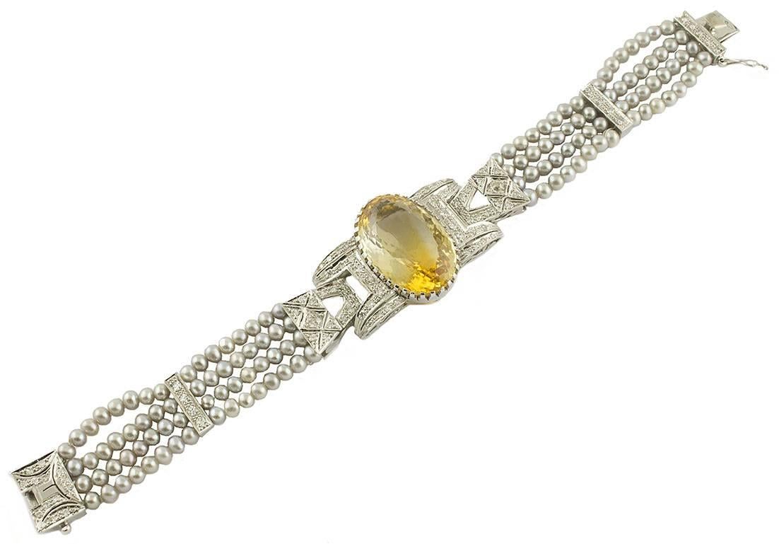 Women's Topaz Diamond Gray Pearl Gold Bracelet For Sale