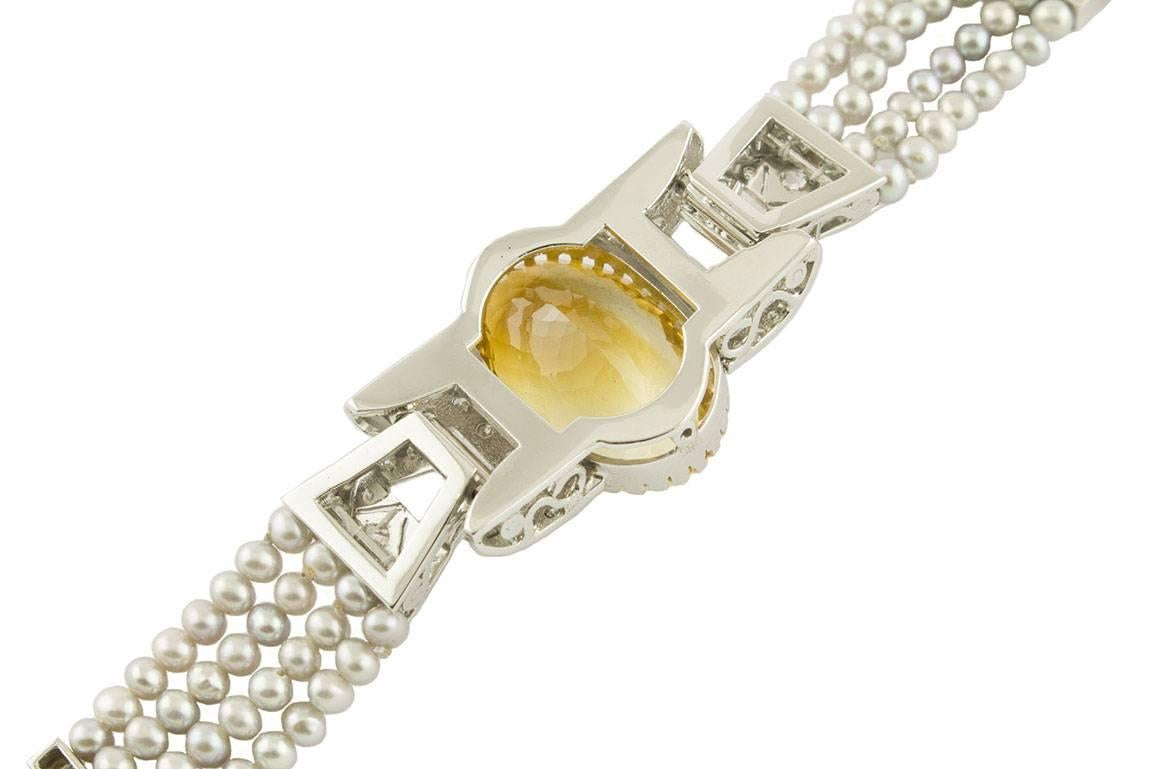 Topaz Diamond Gray Pearl Gold Bracelet For Sale 1