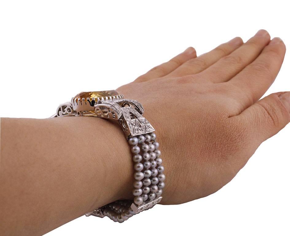 Topaz Diamond Gray Pearl Gold Bracelet For Sale 2