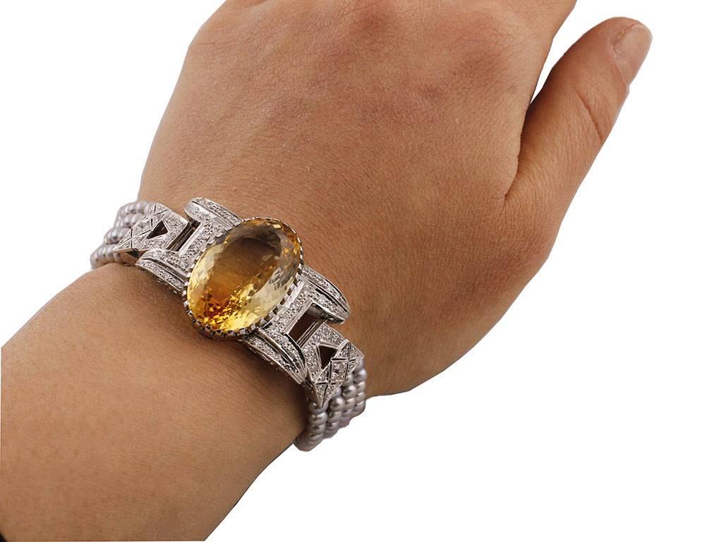 Topaz Diamond Gray Pearl Gold Bracelet For Sale 3