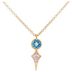 Topaz Diamond Necklace, 14 Karat Yellow Gold Round Blue Topaz Kite, NK6122Y45BT