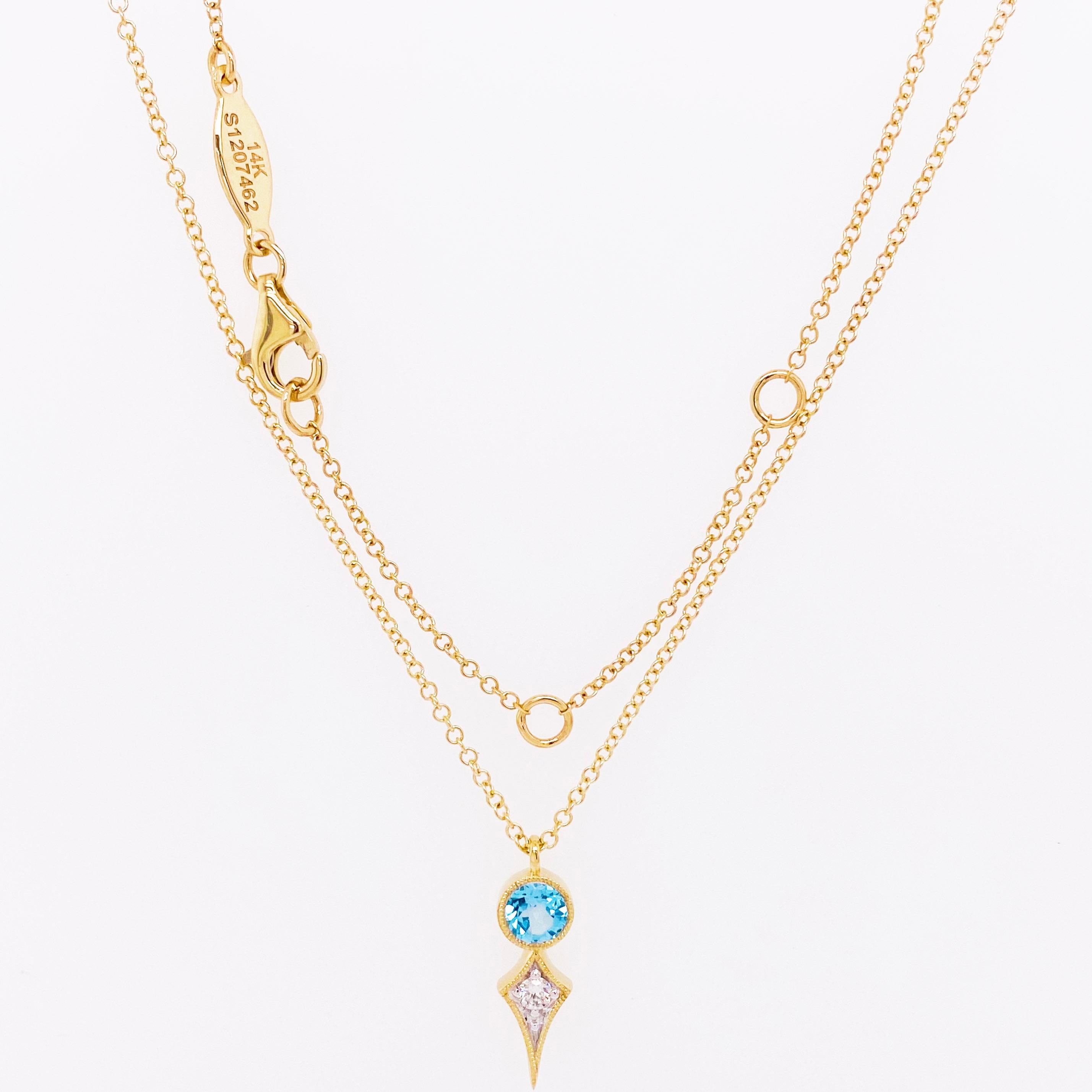 Modern Topaz Diamond Necklace, 14 Karat Yellow Gold Round Blue Topaz Kite, NK6122Y45BT For Sale