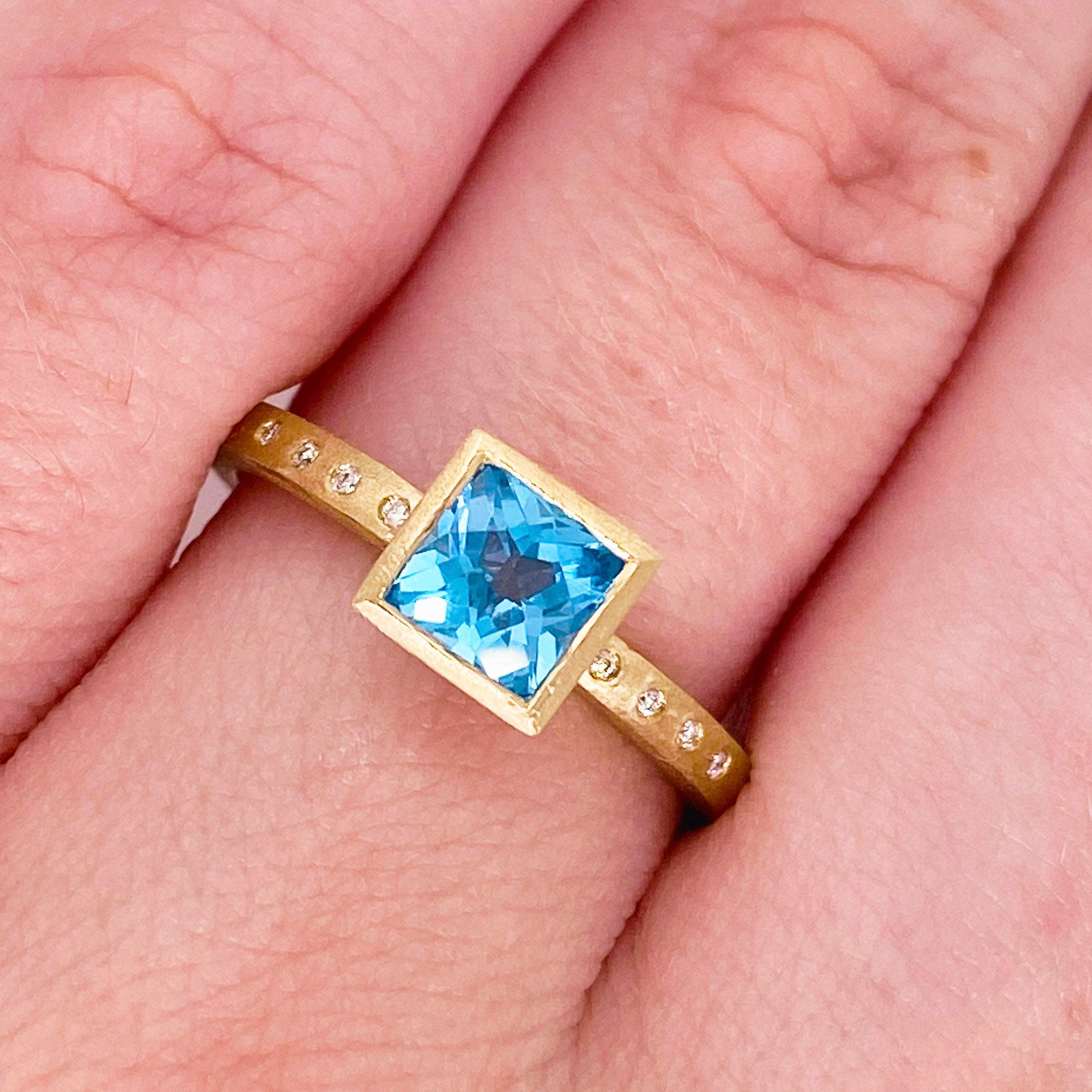 For Sale:  Topaz Diamond Ring, Blue Topaz, 14 Karat Yellow Gold, Satin Finish, Stack 2