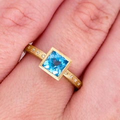 Topaz Diamond Ring, Blue Topaz, 14 Karat Yellow Gold, Satin Finish, Stack