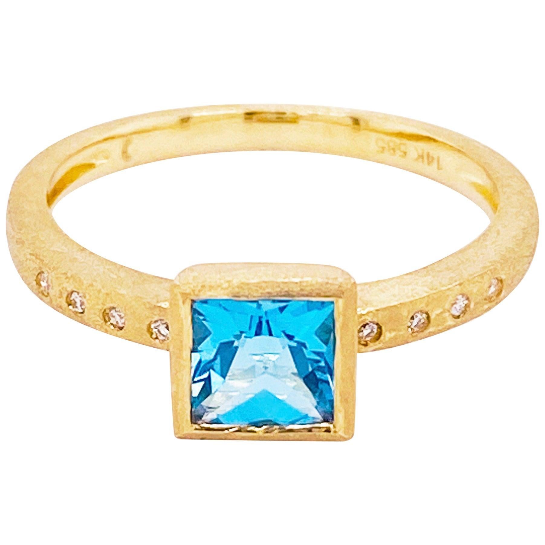 For Sale:  Topaz Diamond Ring, Blue Topaz, 14 Karat Yellow Gold, Satin Finish, Stack