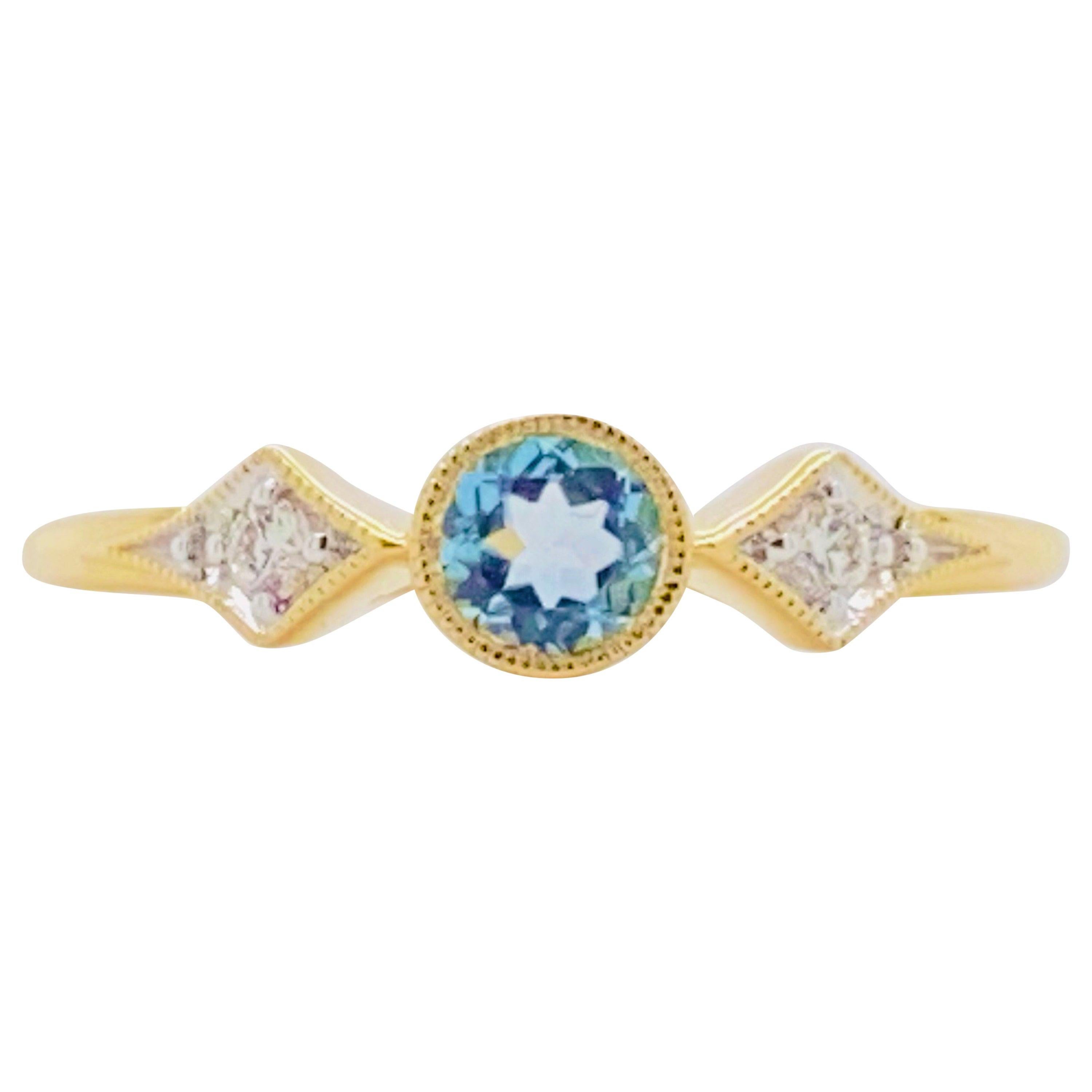 For Sale:  Topaz Diamond Ring, Swiss Blue Three-Stone Ring Bezel Set w .42 Carats