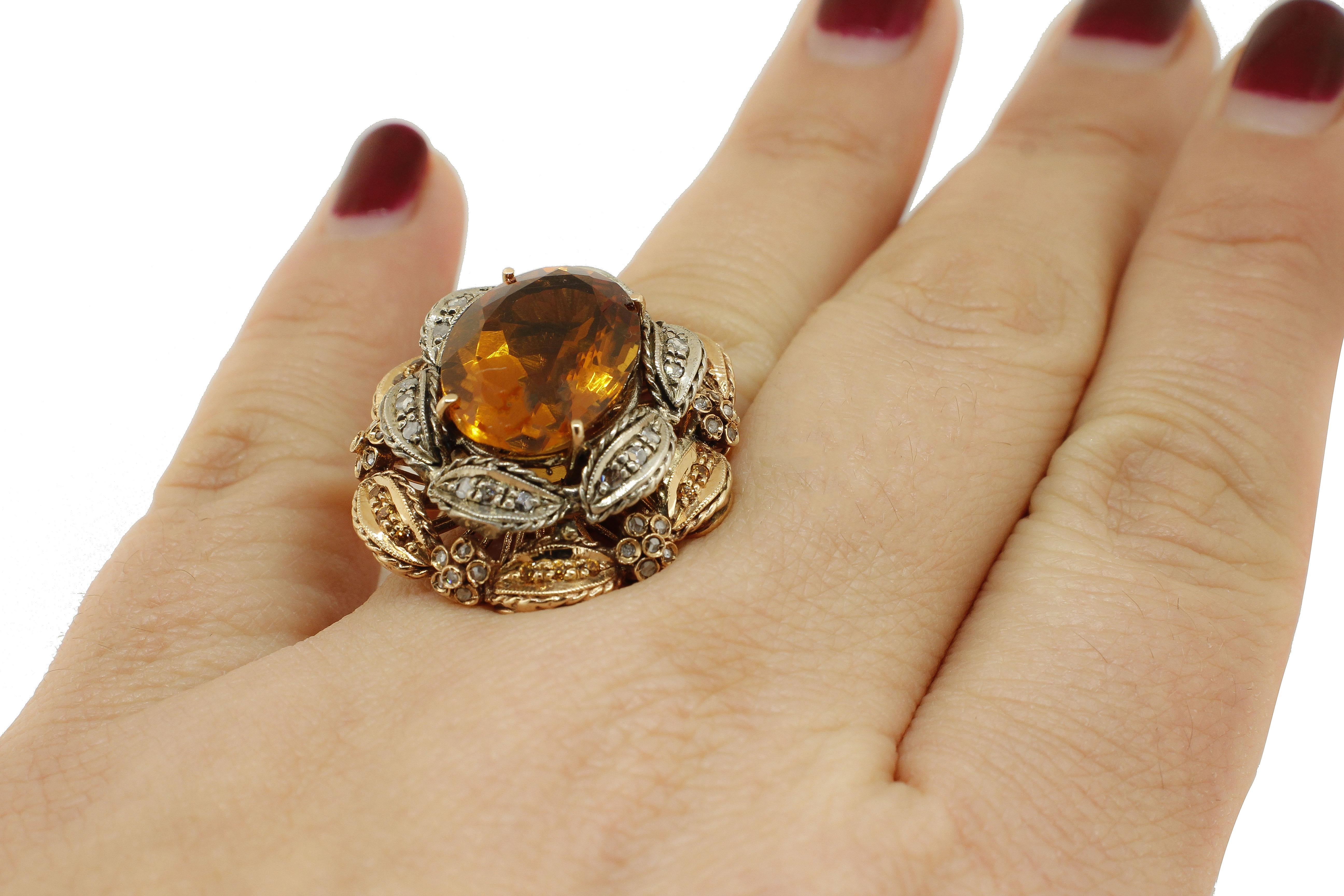 Topaz Diamond Silver Gold Cocktail Ring In Good Condition In Marcianise, Marcianise (CE)