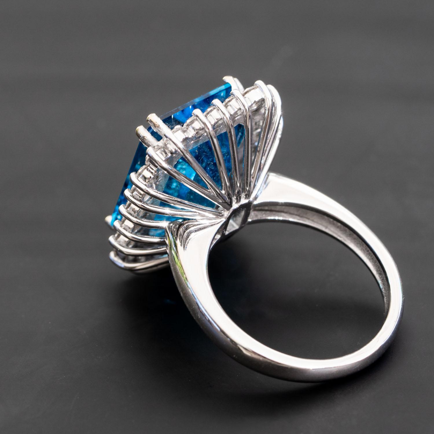 Art Deco Topaz Diamond Statement Ring, 13.00 Carat Swiss Blue Topaz, 1.34 Carat Diamonds For Sale