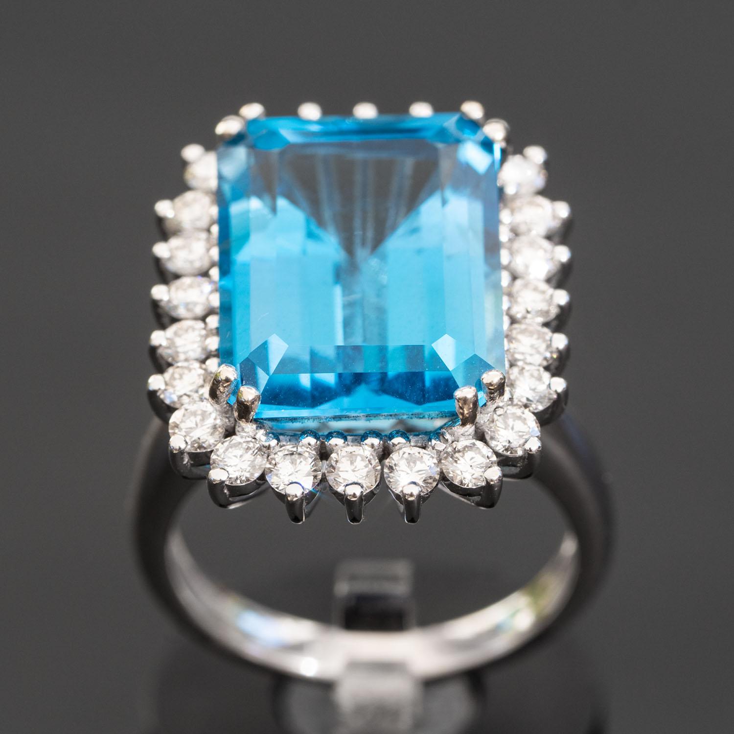 Emerald Cut Topaz Diamond Statement Ring, 13.00 Carat Swiss Blue Topaz, 1.34 Carat Diamonds For Sale