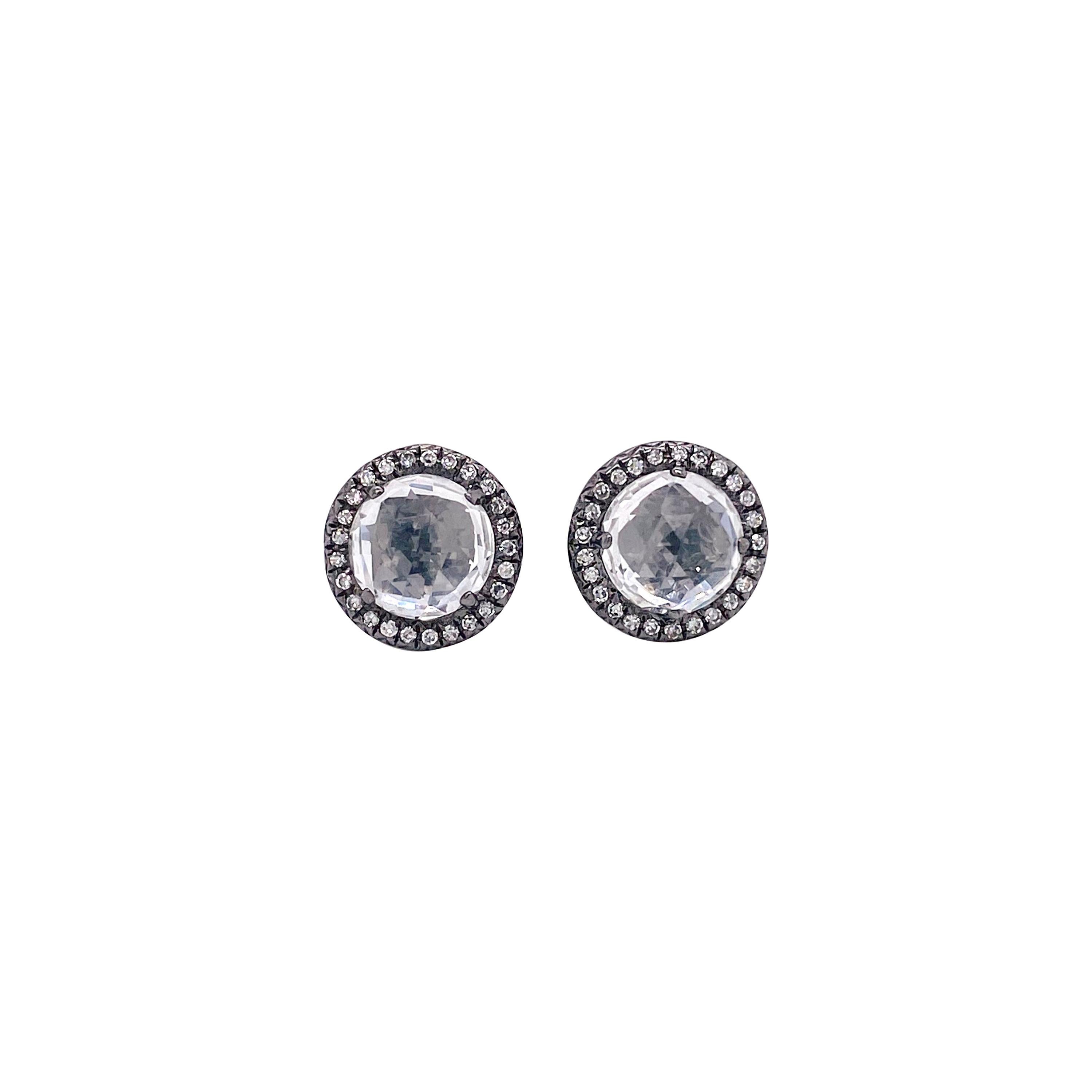 Topaz Diamond Studs Earrings, Halo of Diamonds, 2.50 Carat White Topaz, Black