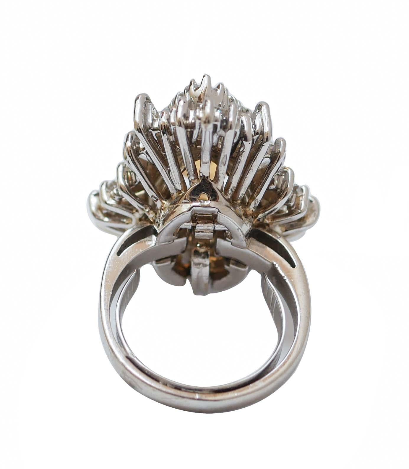 Retro Topaz, Diamonds, 14 Karat White Gold Ring / Pendant.