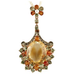 Topaz, Diamonds, Multi-Color Sapphires, Pearl, Gold and Silver Retro Pendant