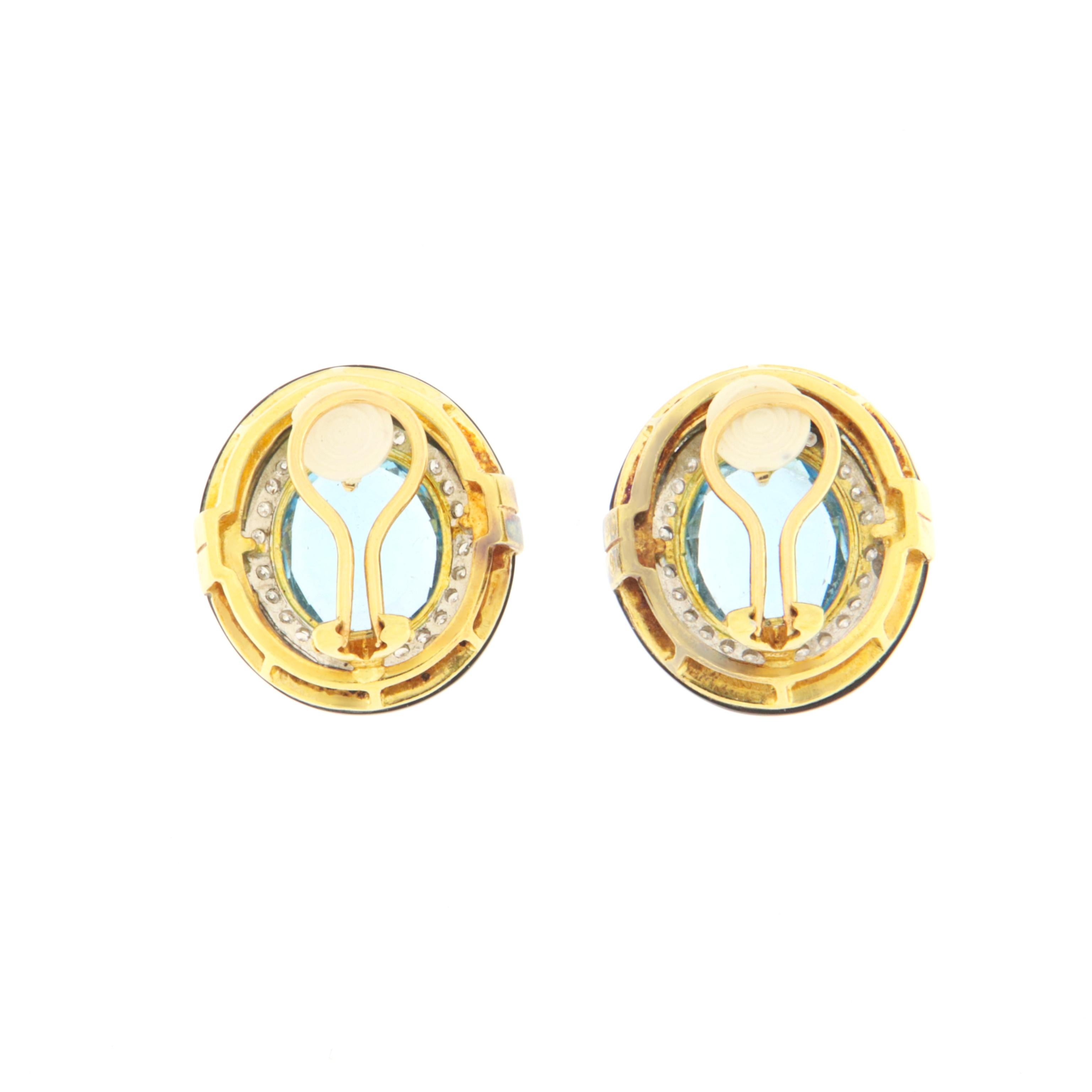 Artisan Topaz Diamonds Onyx 18 Karat Yellow Gold Stud Earrings For Sale