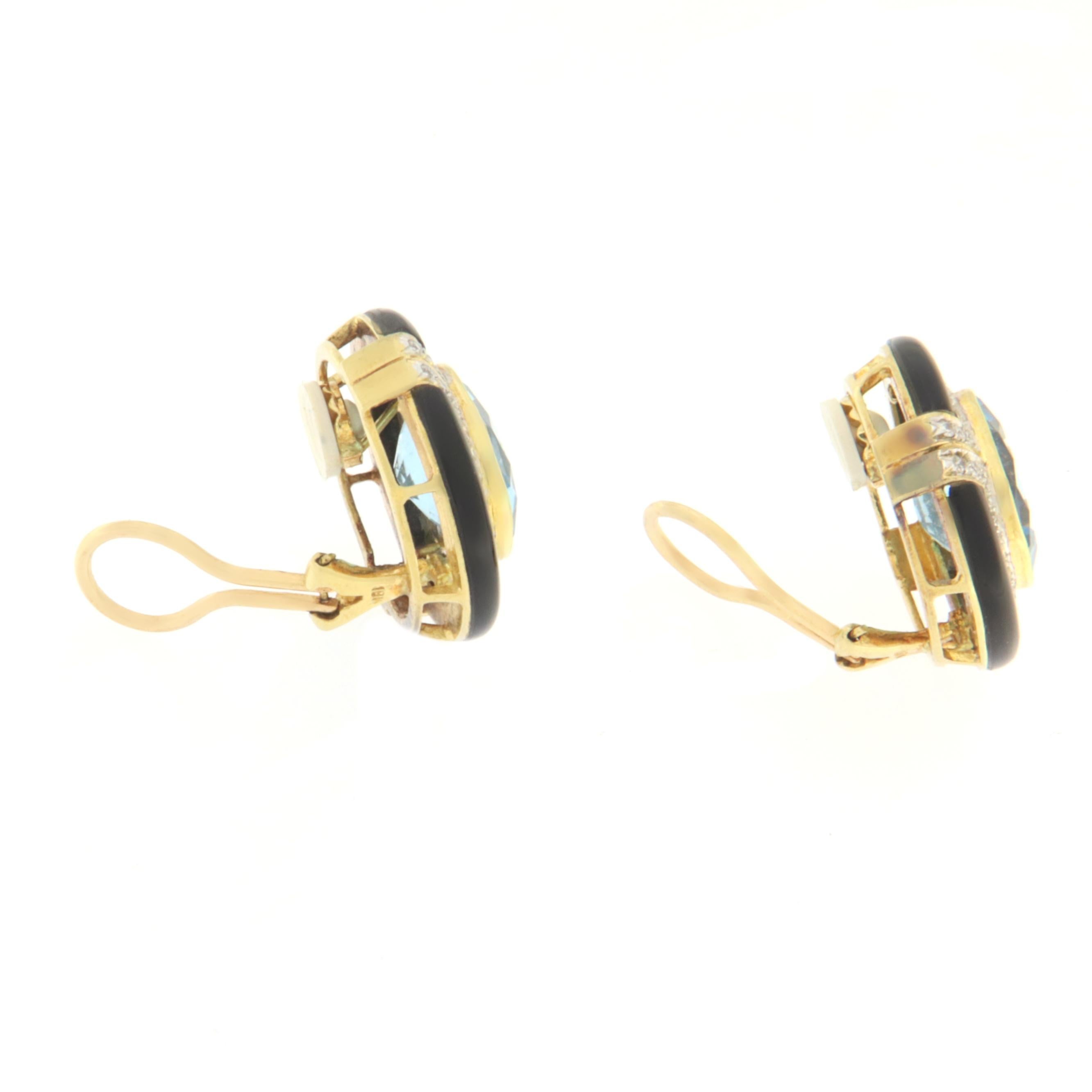Brilliant Cut Topaz Diamonds Onyx 18 Karat Yellow Gold Stud Earrings For Sale