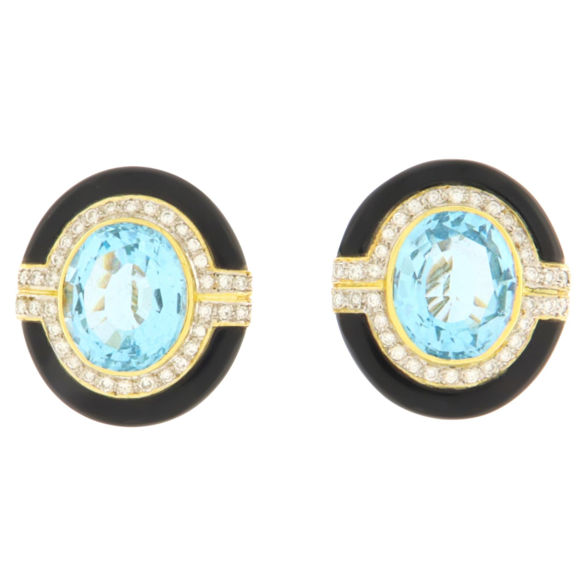 Topaz Diamonds Onyx 18 Karat Yellow Gold Stud Earrings For Sale