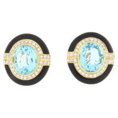 Topaz Diamonds Onyx 18 Karat Yellow Gold Stud Earrings