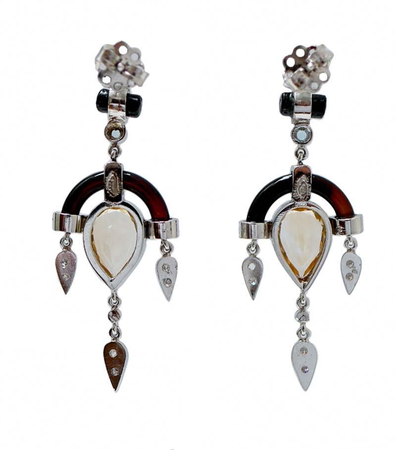 Retro Topaz, Diamonds, Onyx, Platinum Earrings. For Sale