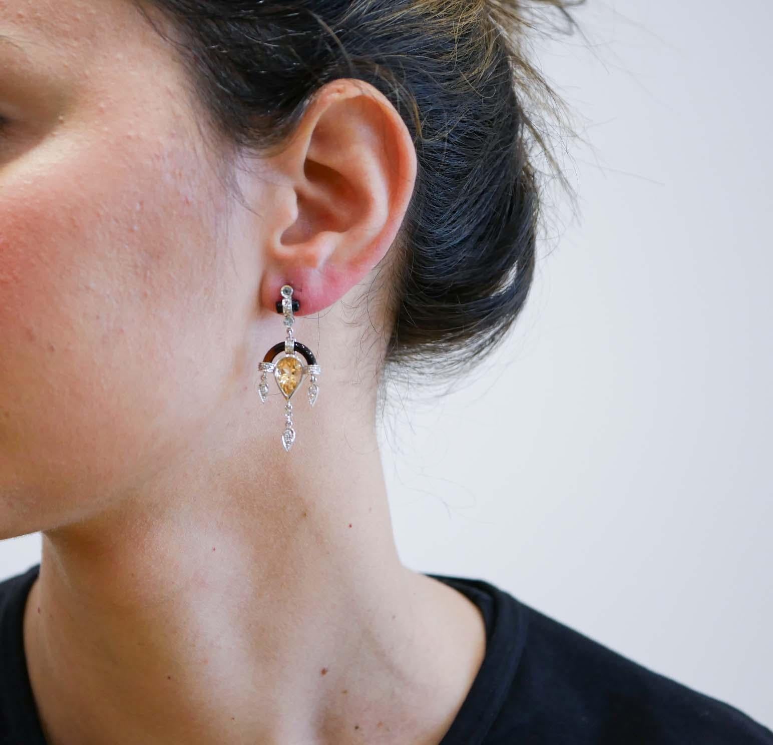 Mixed Cut Topaz, Diamonds, Onyx, Platinum Earrings. For Sale
