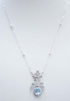 Topaz, Diamonds, Pearls, White Gold Pendant Necklace.