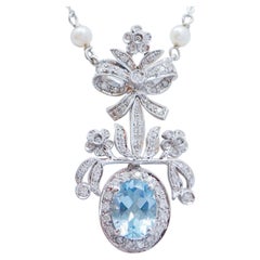 Topaz, Diamonds, Pearls, White Gold Pendant Necklace.