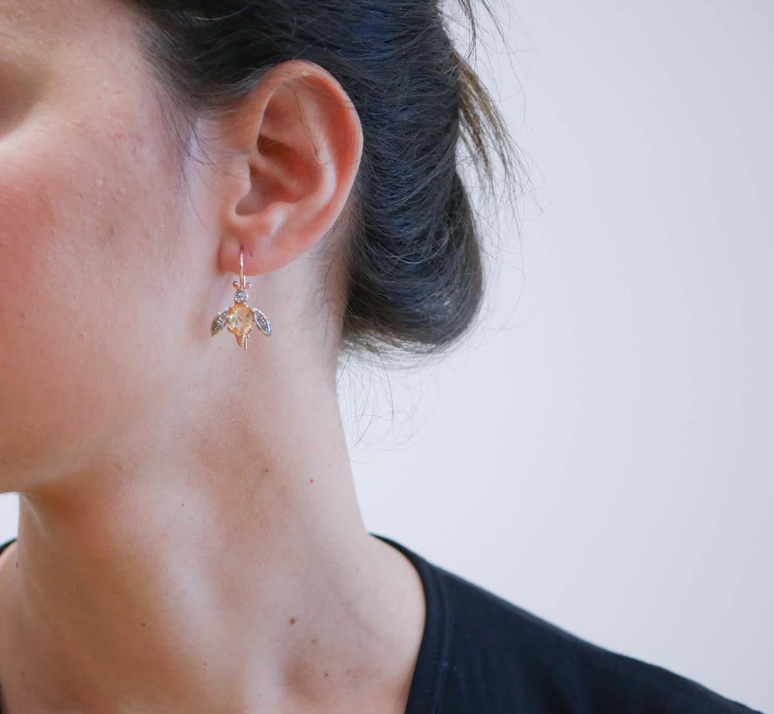 Mixed Cut Topaz, Diamonds, Rose Gold and Silver Fly Earrings.