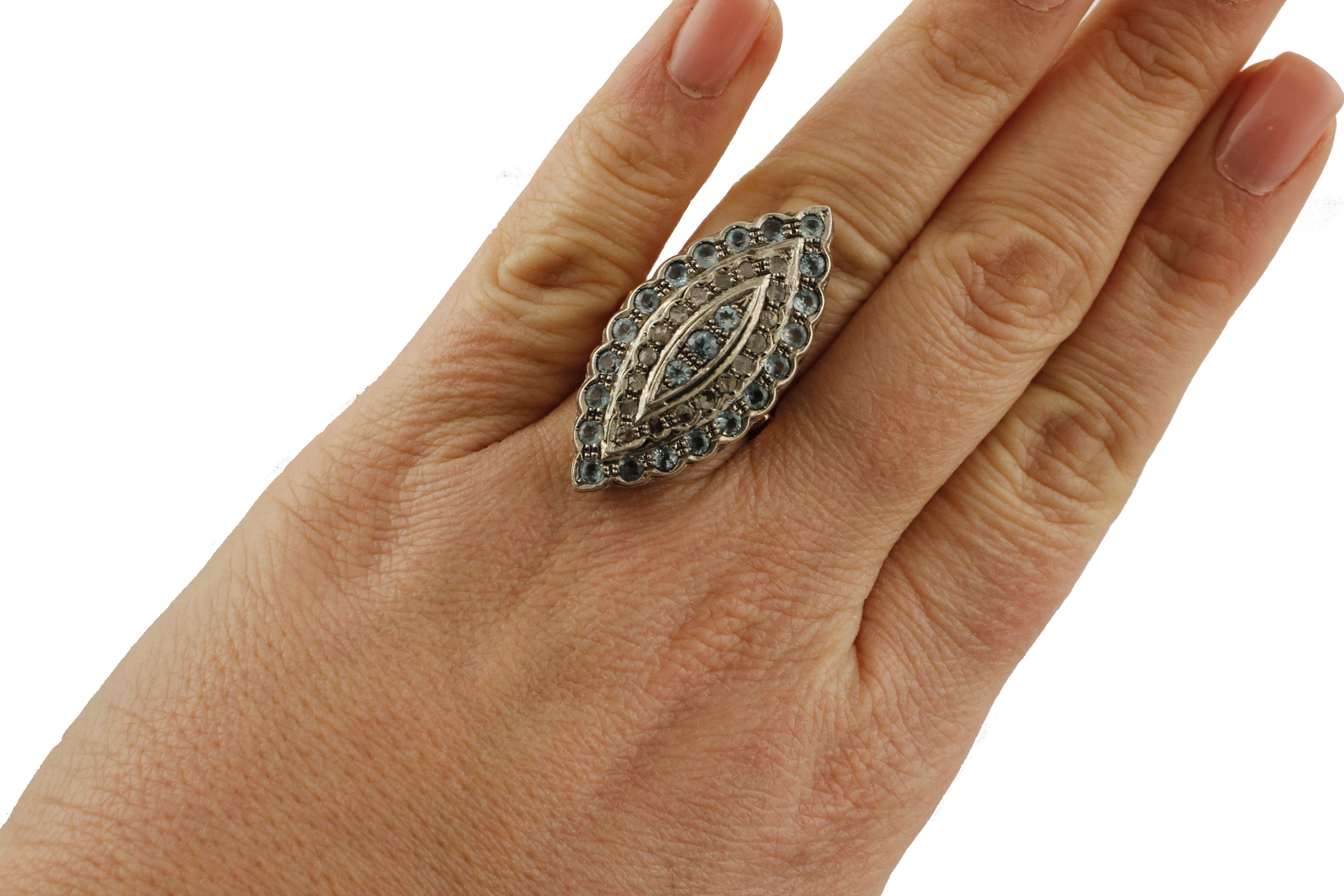 Topaz Diamonds Rose Gold and Silver Navette Shape Cocktail Ring In Good Condition In Marcianise, Marcianise (CE)