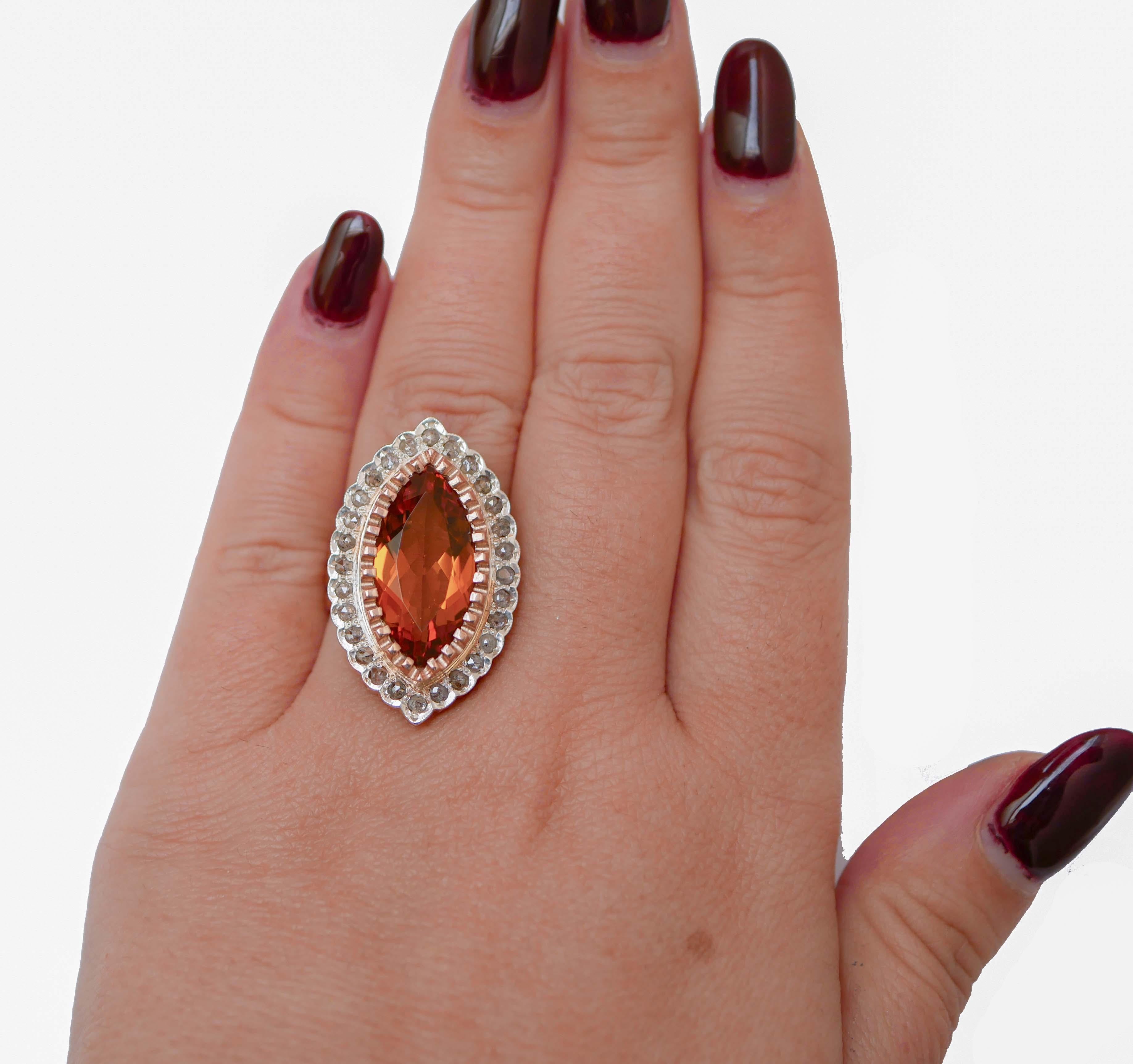 Mixed Cut Topaz, Diamonds, Rose Gold and Silver Retrò Ring For Sale