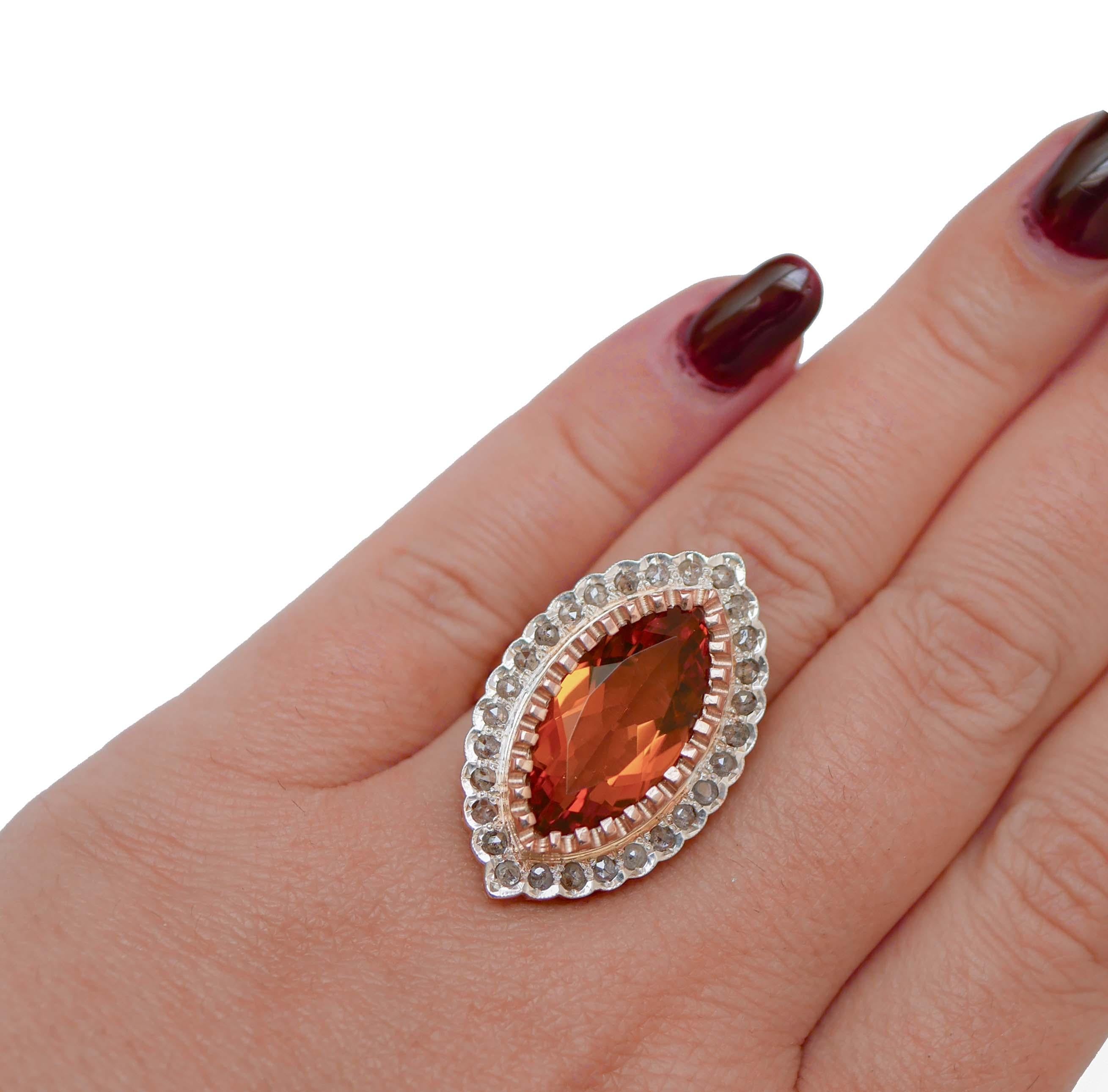 Topaz, Diamonds, Rose Gold and Silver Retrò Ring In Good Condition For Sale In Marcianise, Marcianise (CE)