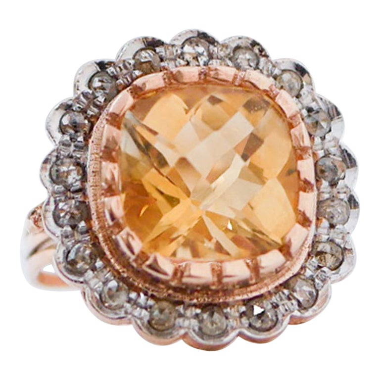 Bague en topaze, diamants, or rose et argent. en vente
