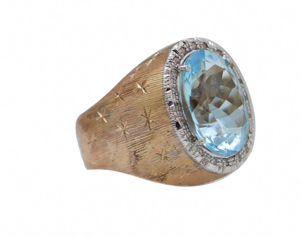 Amazing ring in 9 kt rose gold structure mounted with a central topaz surrounded by diamonds.
This ring was totally handmade by Italian master goldsmiths and it is in perfect conditions.
Diamonds 0.19 ct
Topaz 11.53 ct - 16 mm x 12 mm
Total Weigth