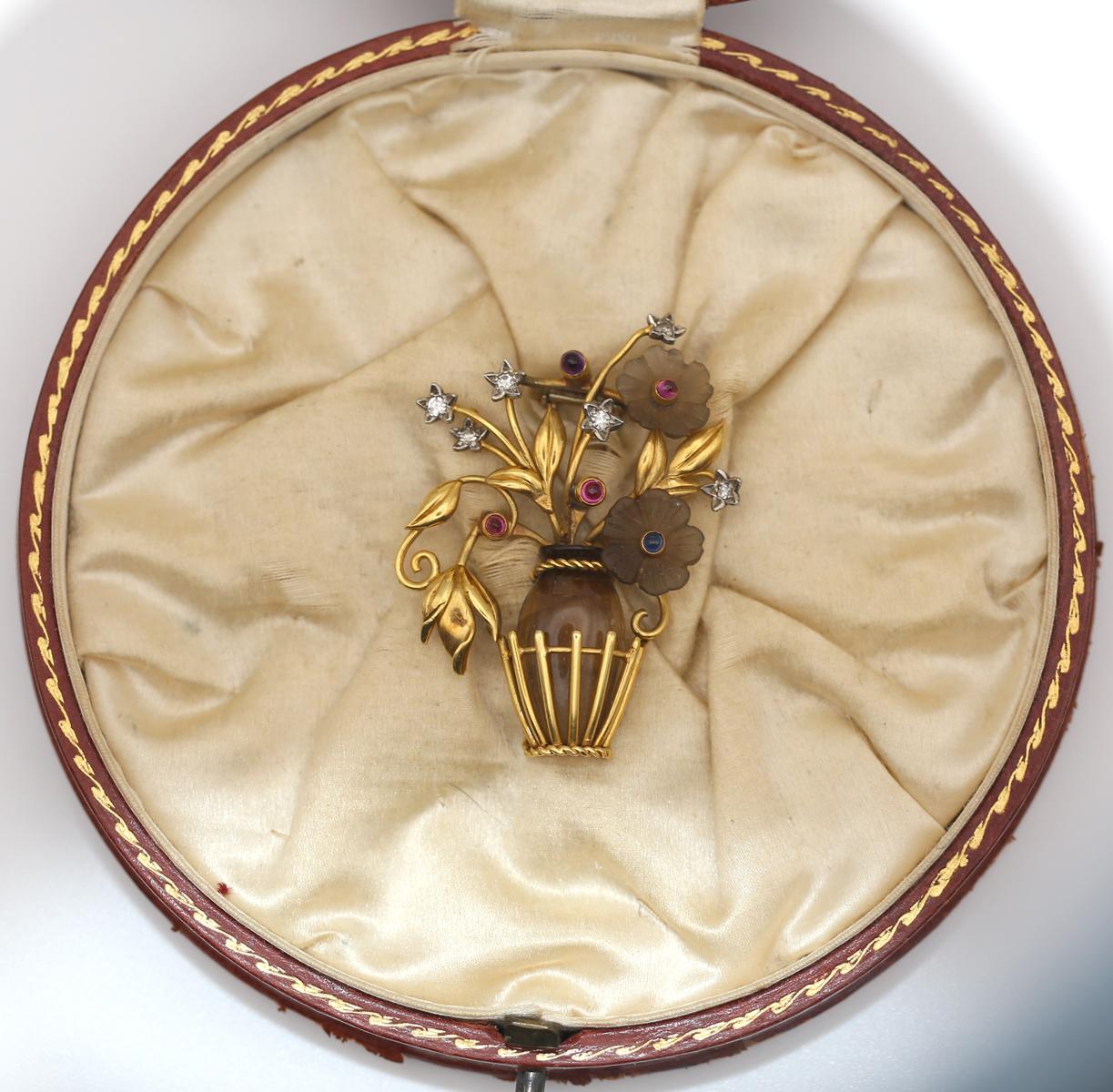 Topaz Diamonds Rubies Sapphires Flowers Basket Brooch Boxed, 1950 For Sale 5