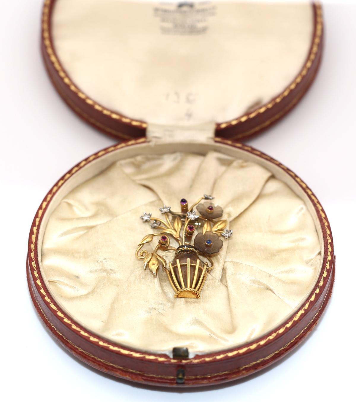 Topaz Diamonds Rubies Sapphires Flowers Basket Brooch Boxed, 1950 For Sale 6