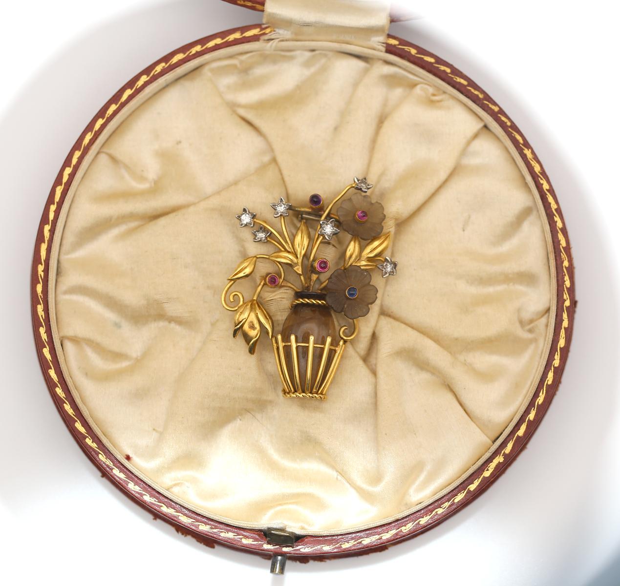 Topaz Diamonds Rubies Sapphires Flowers Basket Brooch Boxed, 1950 For Sale 7